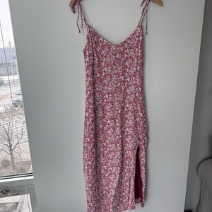 Abercrombie & Fitch Red Floral Midi Slip Dress with Side Slit